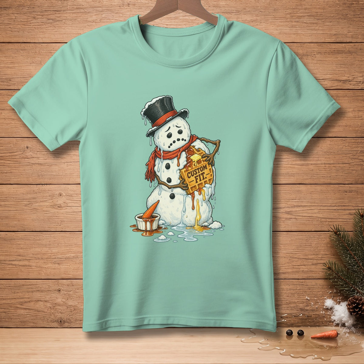 Melting snowman in top hat and scarf holding waffle with text "CUSTOM FIT."