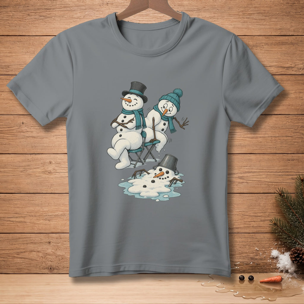 Three melting snowmen, two sitting, one in a puddle with a bucket.