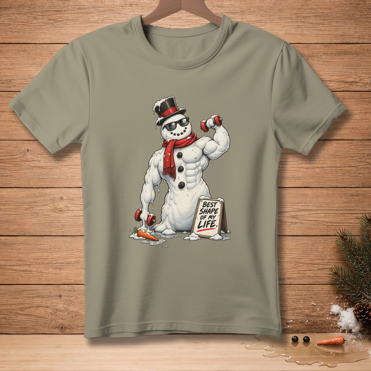 Muscular snowman in sunglasses and top hat lifting weights, text "Best Shape of My Life."