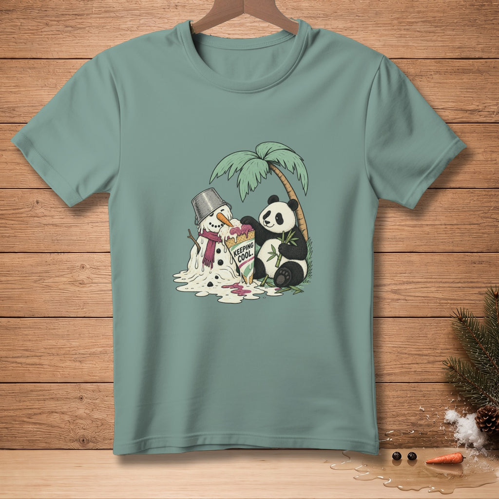 Panda and melting snowman with ice cream under a palm tree, text "KEEPING COOL."