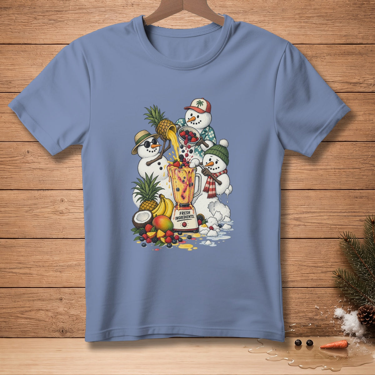 Snowmen making a fruit smoothie with a blender, text "Fresh Ingredients".