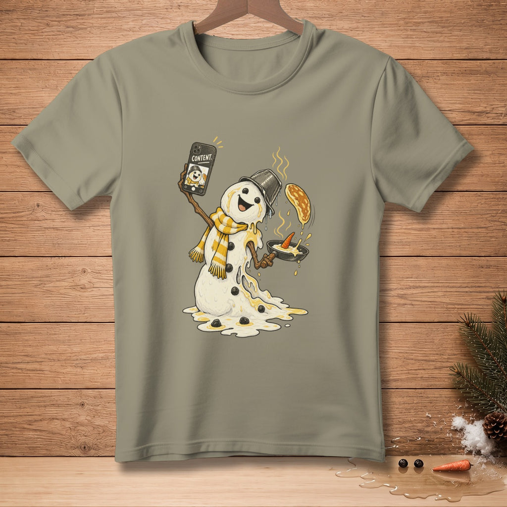 Melting snowman making pancakes and taking a selfie on phone labeled "CONTENT".