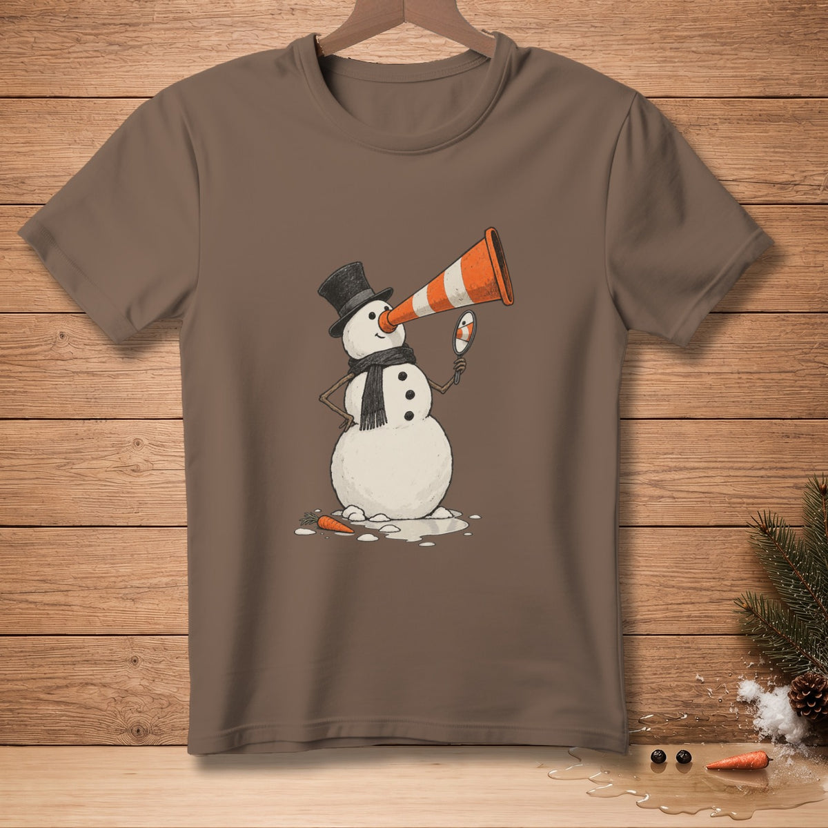 T-shirt with illustration of a melting snowman with traffic cone nose and mirror.