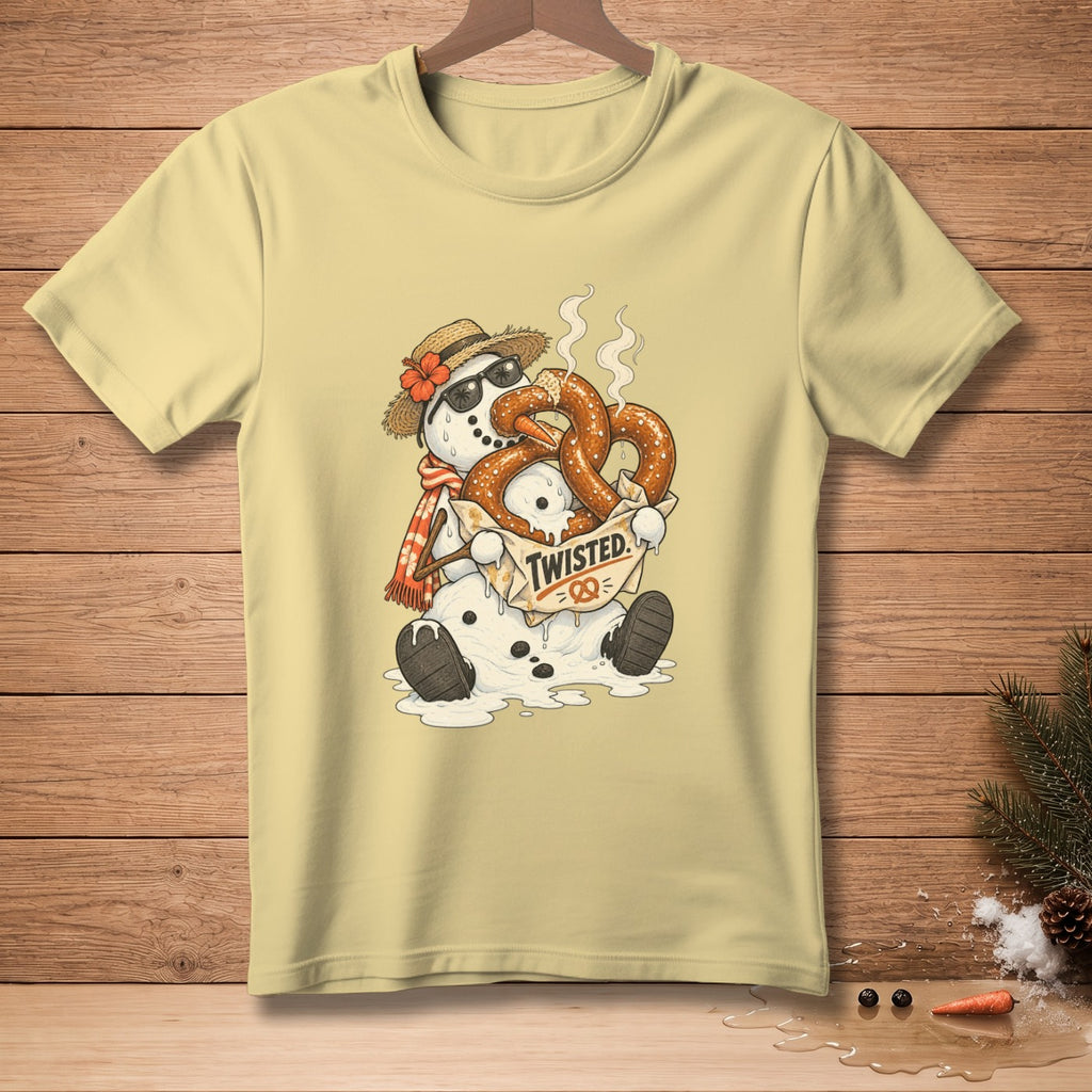 Snowman wearing hat and sunglasses, holding pretzels, "Twisted." text.