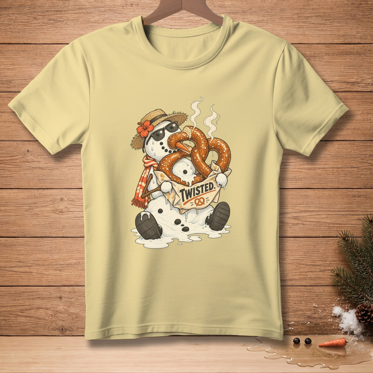 Snowman wearing hat and sunglasses, holding pretzels, "Twisted." text.