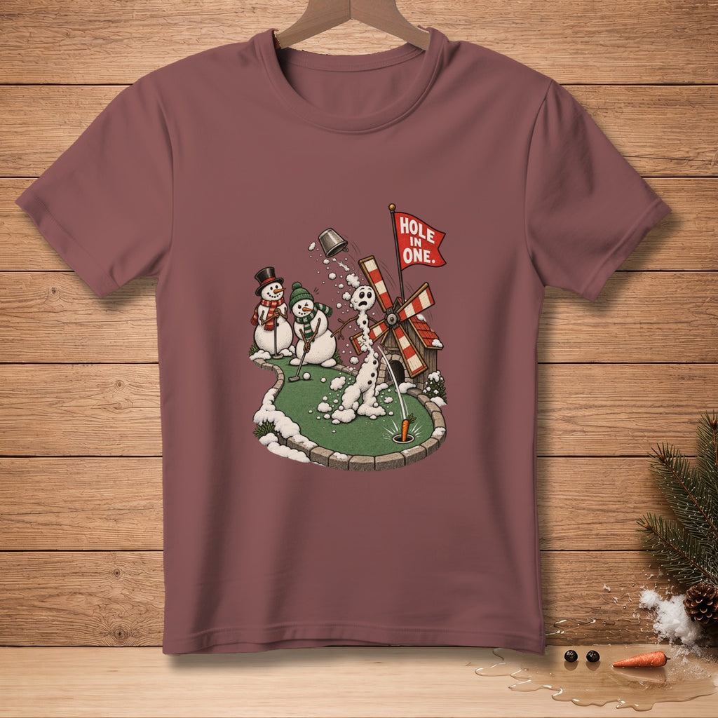 Snowmen playing golf with a windmill and a "Hole in One" flag.