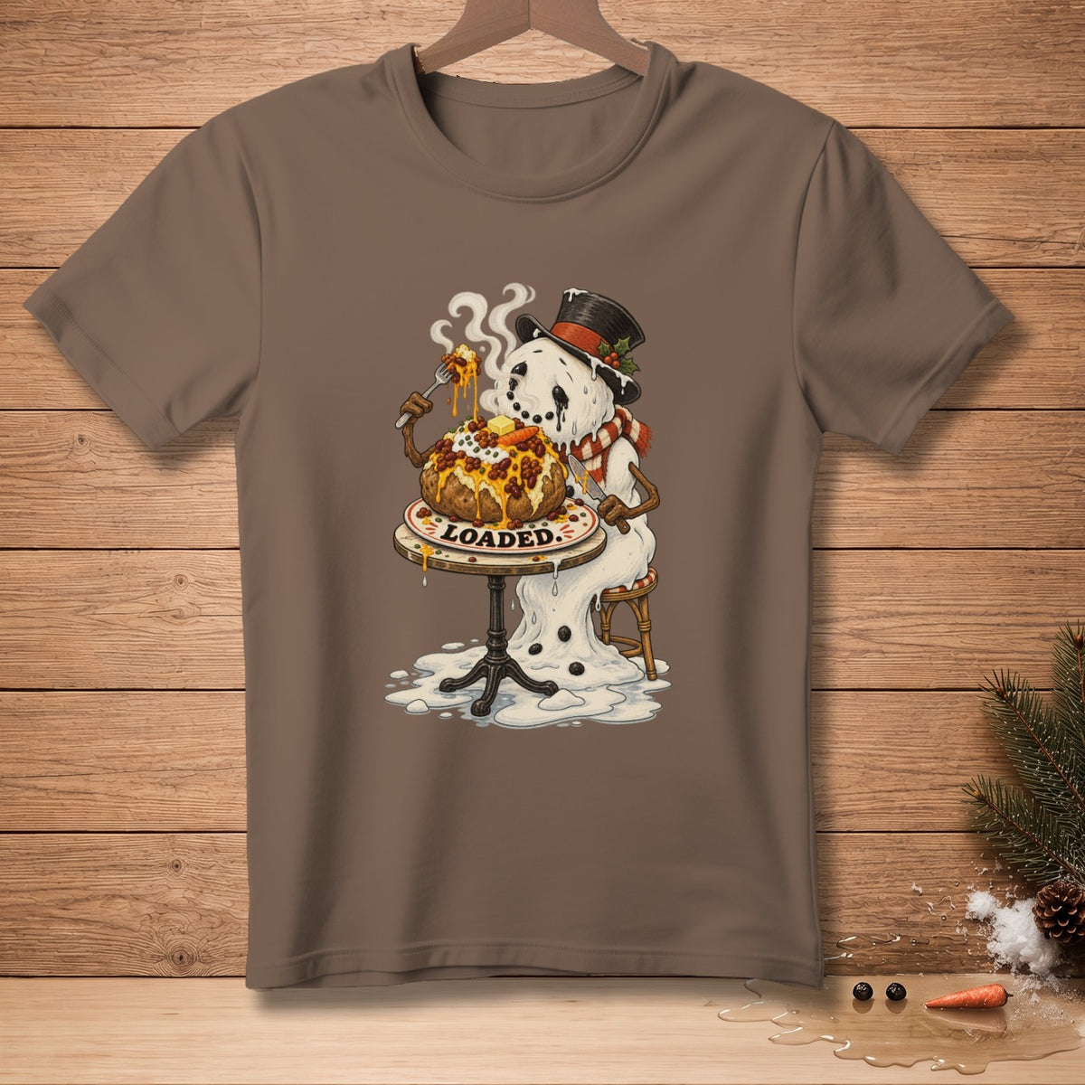 Melting snowman in a top hat eating a loaded baked potato with the word "LOADED."