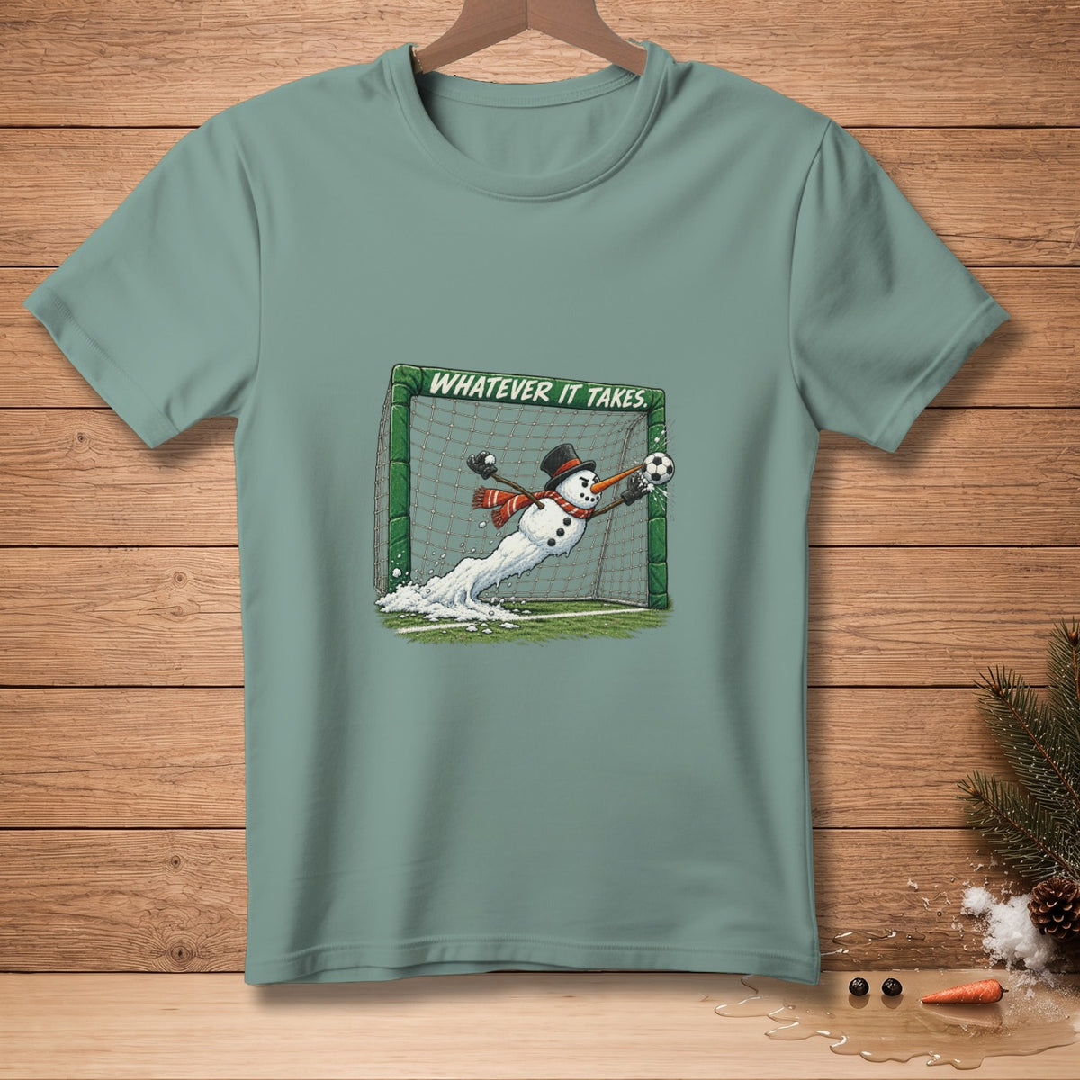 Snowman soccer goalie diving to save ball with text "WHATEVER IT TAKES".