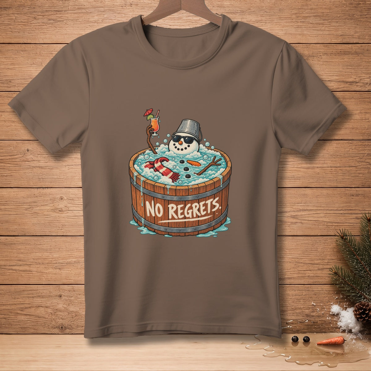Snowman in a hot tub with cocktail and text "NO REGRETS".