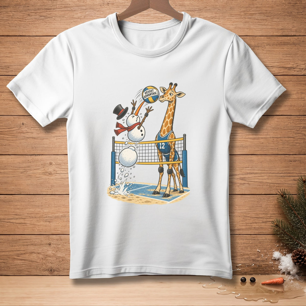 Giraffe and snowmen playing volleyball with "Height Advantage" text on the ball.