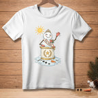 White t-shirt featuring a melting snowman with a crown and "Miss Tropics" sash.