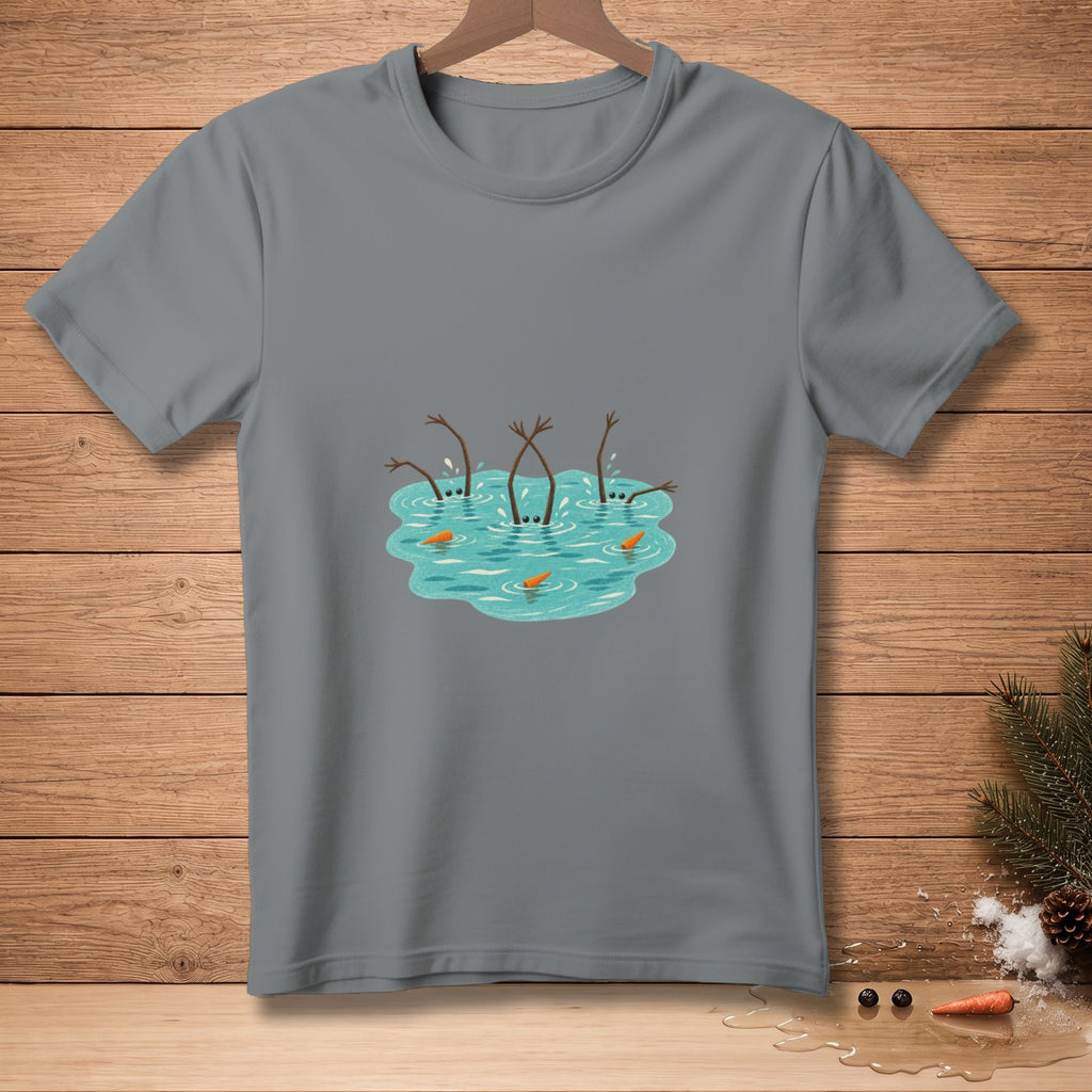 Gray t-shirt with cartoon snowmen diving into water with carrot noses.