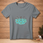 Gray t-shirt with cartoon snowmen diving into water with carrot noses.