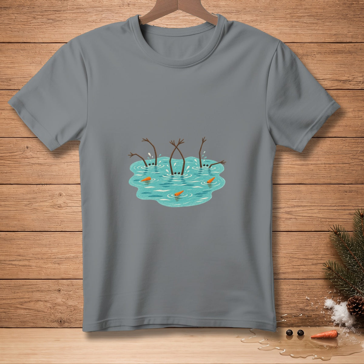 Gray t-shirt with cartoon snowmen diving into water with carrot noses.