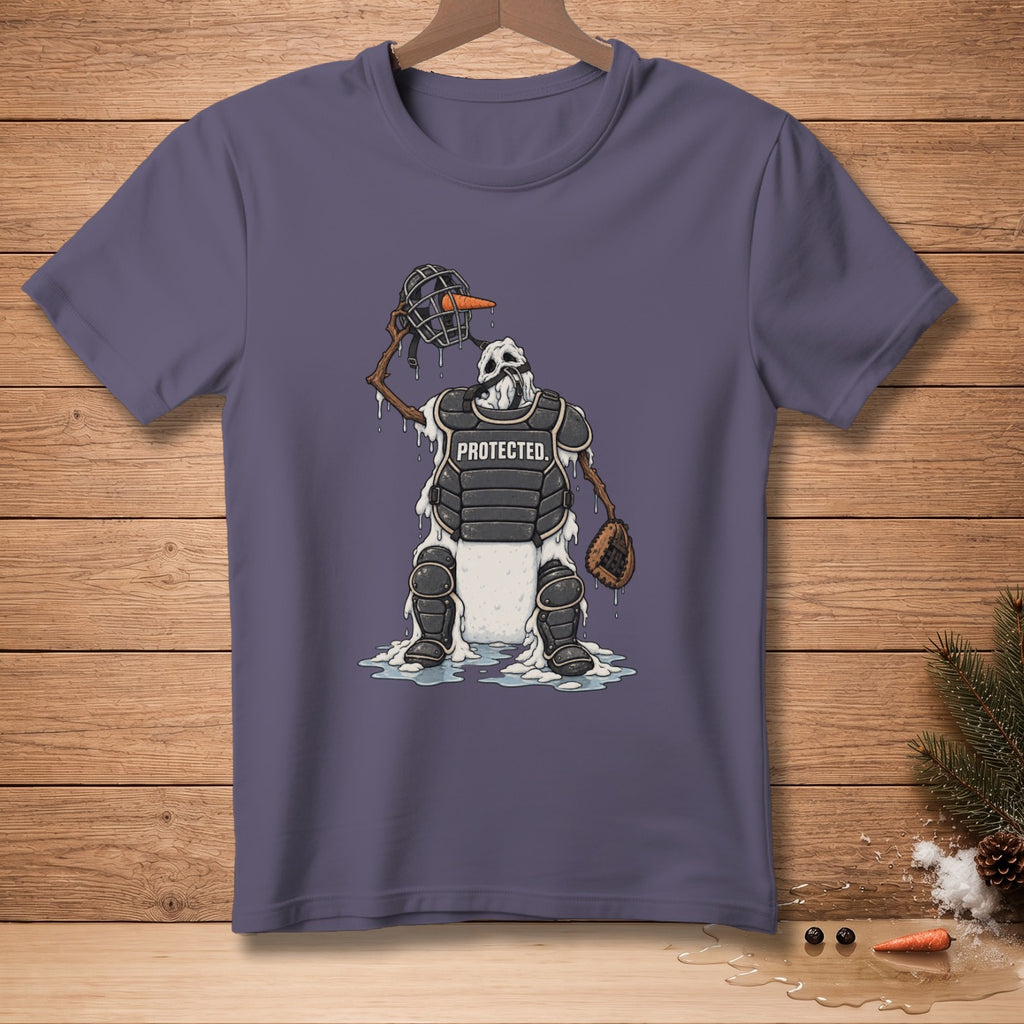 Snowman in catcher's gear with "PROTECTED." text, melting on a purple shirt.