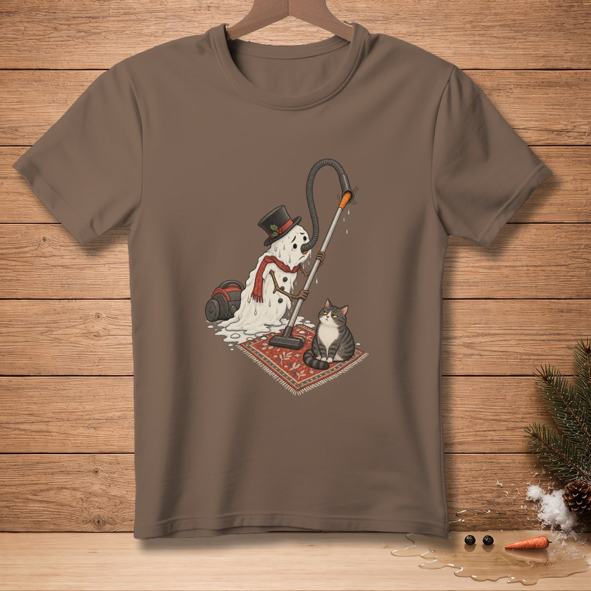 Melting snowman vacuuming up water while a cat watches on a rug.