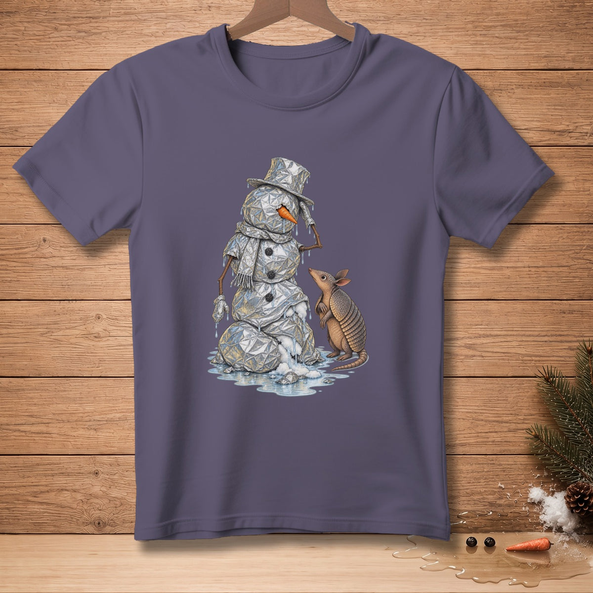 T-shirt with melting faceted snowman and armadillo graphic.