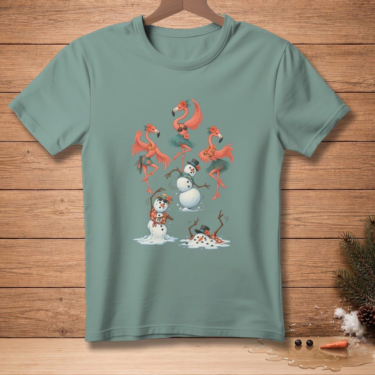 T-shirt with cartoon flamingos dancing around melting snowmen in tropical attire.