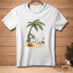 Two melting snowmen under a palm tree on a beach with a coconut and "RESERVED" sign.