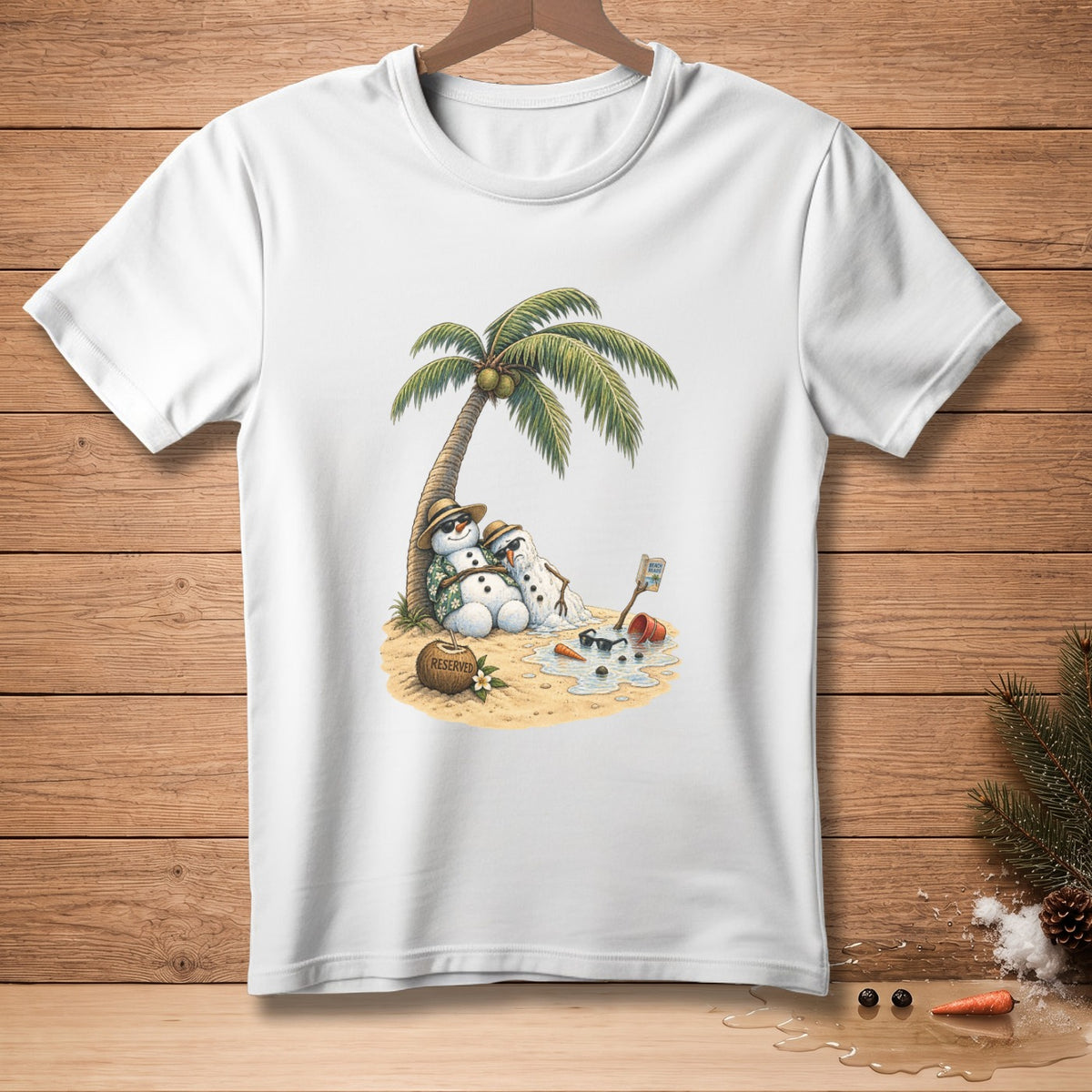 Two melting snowmen under a palm tree on a beach with a coconut and "RESERVED" sign.