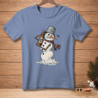 Melting snowman with a bucket on head and a beer bottle.