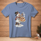 Snowman melting while eating a cinnamon roll with "NO REGRETS" text.