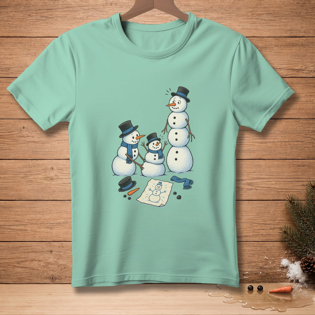 Mint green t-shirt with cartoon snowmen building a snowman and a drawing.