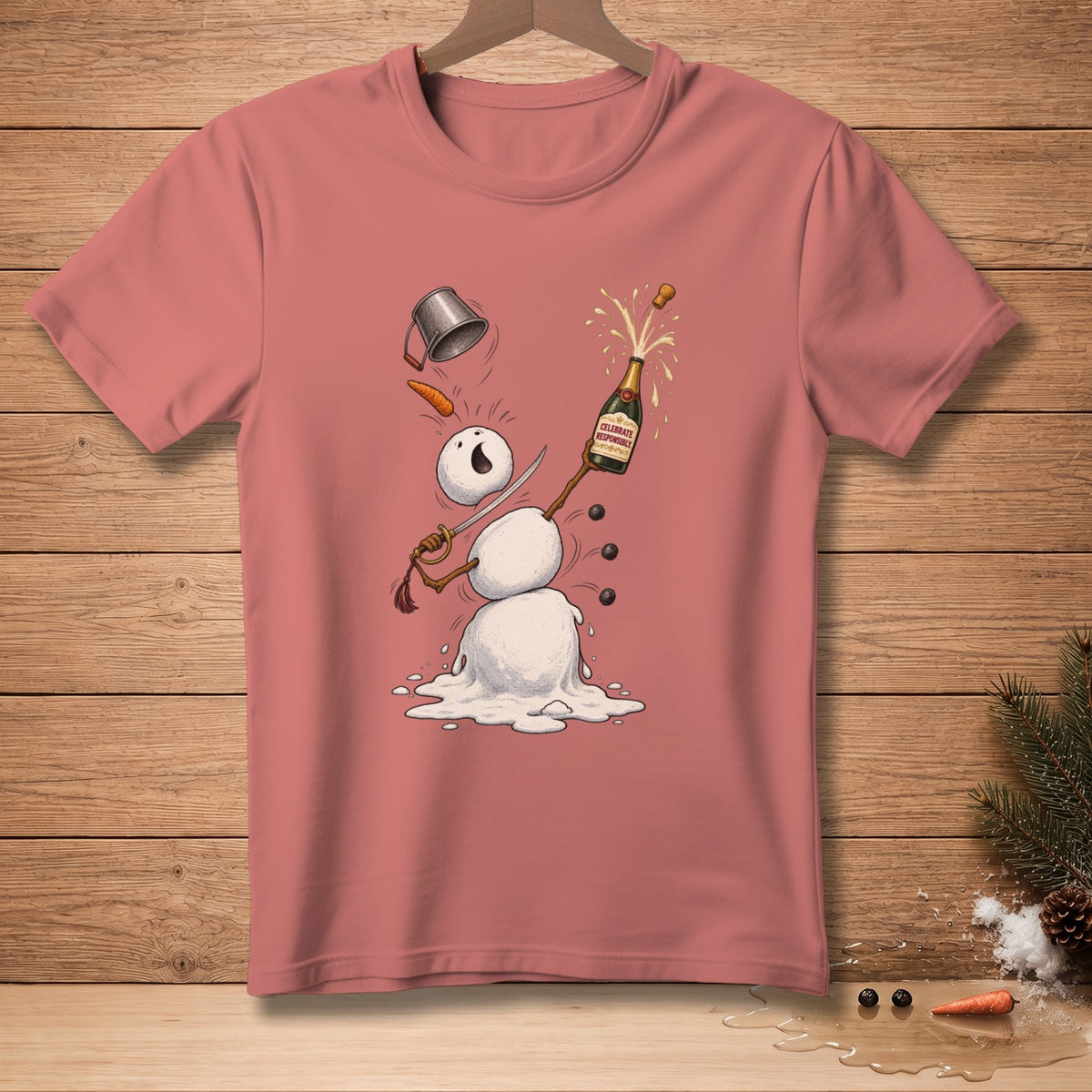 Melting snowman with champagne bottle that reads "Celebrate Responsibly."