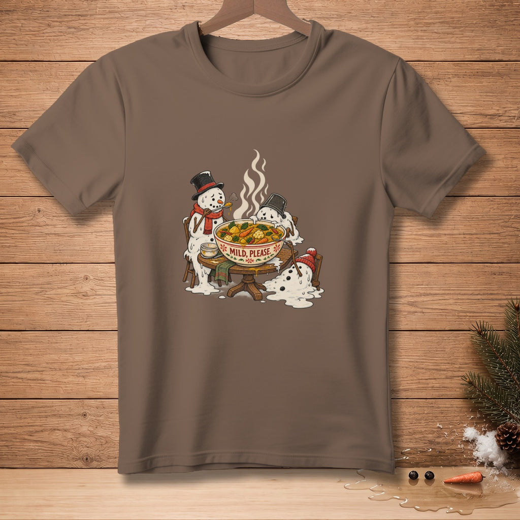 Snowmen melting around a hot bowl of soup with text "MILD, PLEASE."