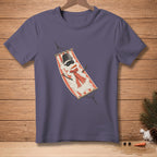 T-shirt with melting snowman wearing a scarf and hat in a striped hammock.