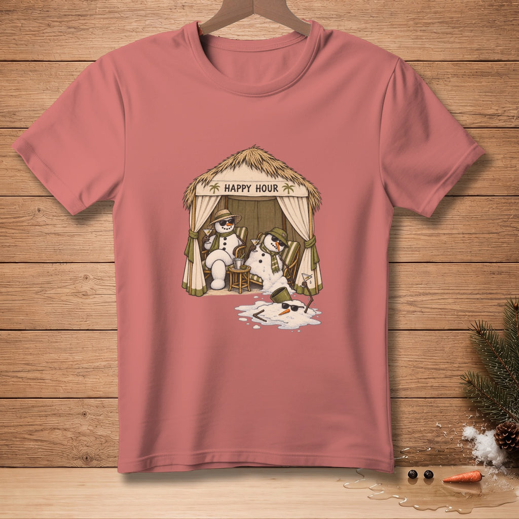 Two melting snowmen relax under a thatched hut with text "Happy Hour" above them.