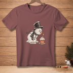 Melting snowman with top hat and scarf blowing out birthday candle on cupcake that says "Make a Wish".