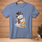 Melting snowman with a fork eating mashed potatoes and peas from a bowl.