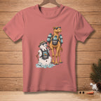 Camel and melting snowman wearing "Hydrate" backpacks, standing on wooden surface.