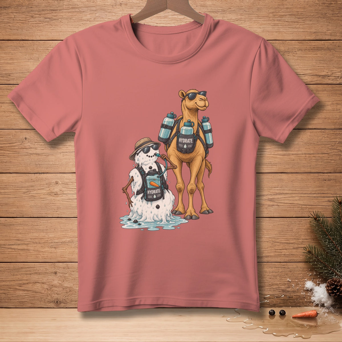 Camel and melting snowman wearing "Hydrate" backpacks, standing on wooden surface.