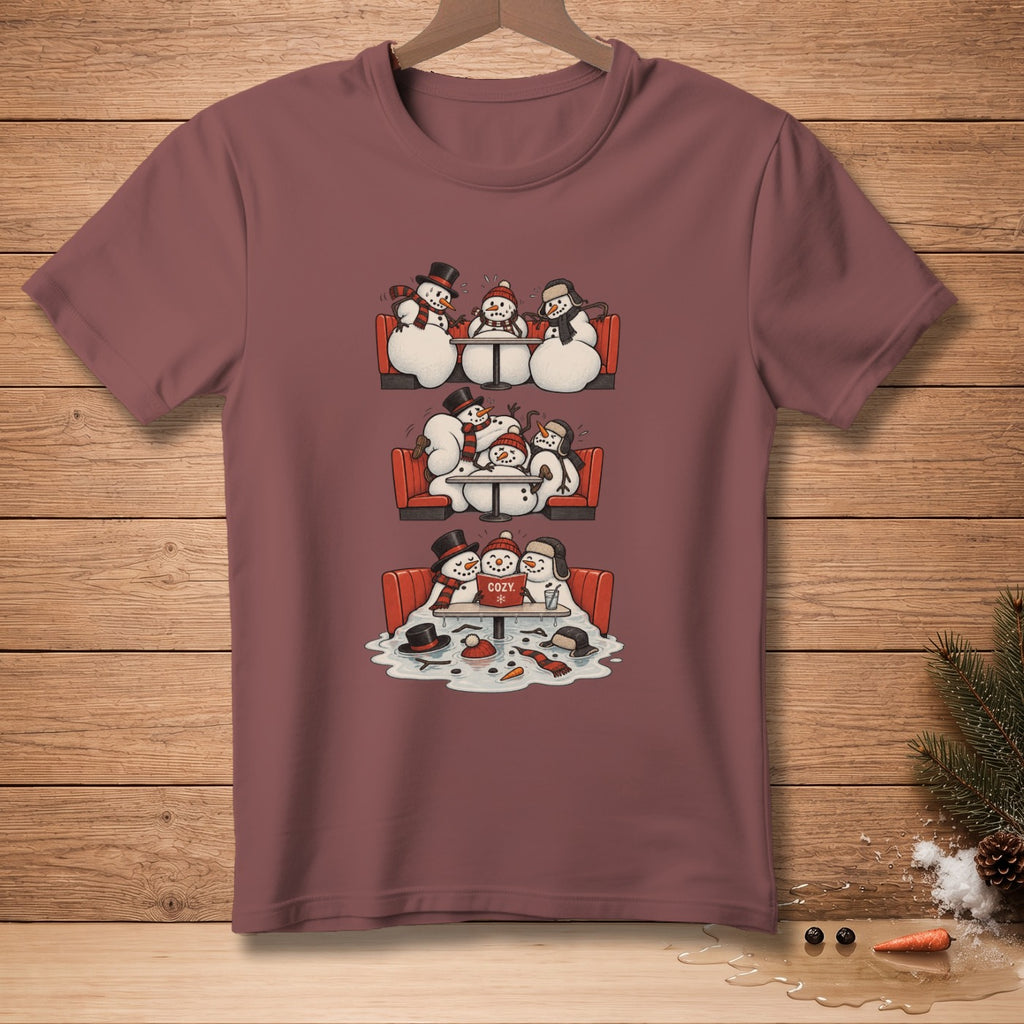 Three scenes of snowmen sitting at tables, with the bottom scene reading "Cozy".
