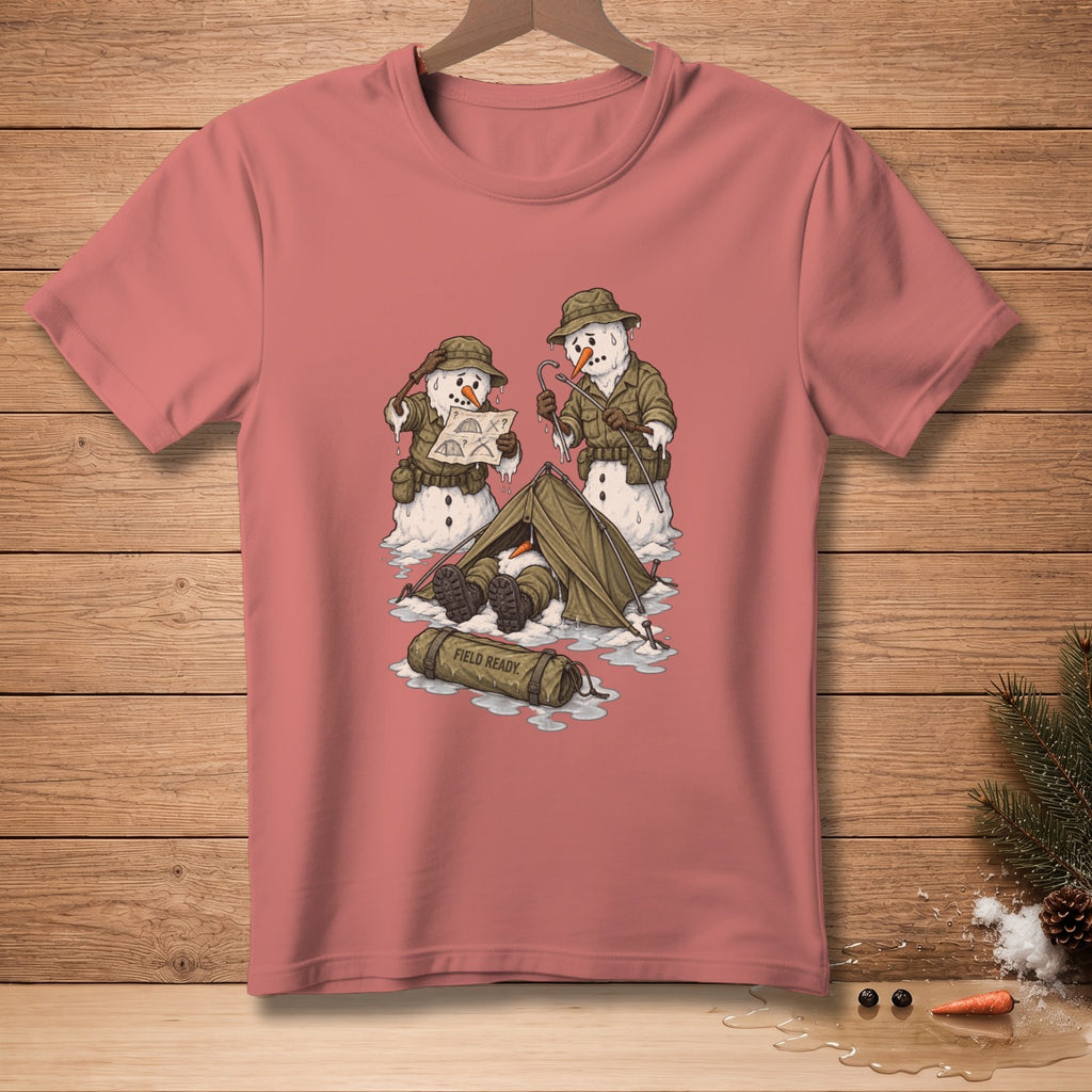 T-shirt graphic of melting snowmen camping with text "FIELD READY" on a bag.