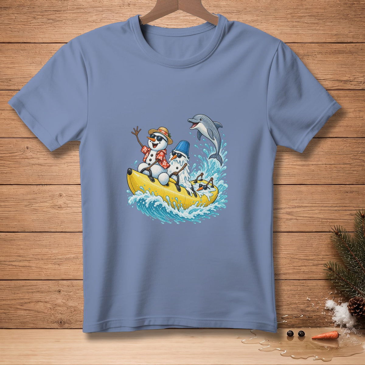 Three snowmen ride a yellow banana boat with a dolphin jumping nearby.