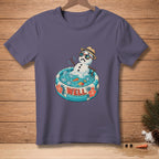 Snowman wearing sunglasses and hat relaxing in a kiddie pool with "WELL" text.