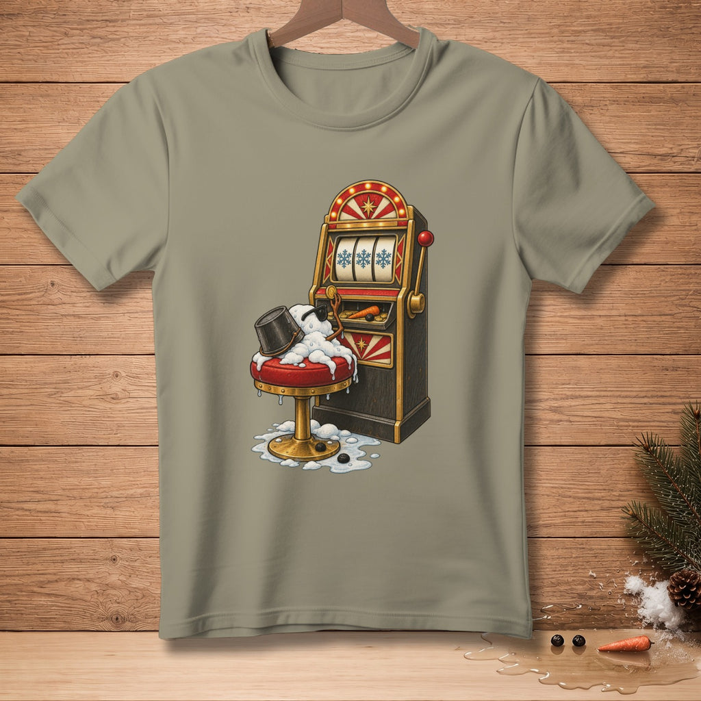 Melting snowman next to a slot machine on a stool.