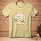 Light yellow t-shirt featuring cartoon snowmen playing squash inside a court.