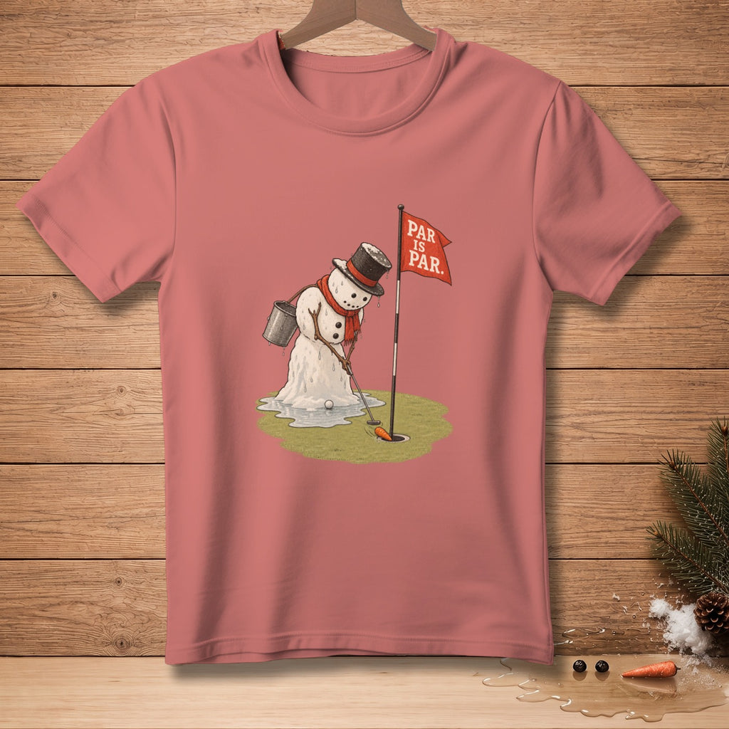 Snowman golfer with a melting body and a bucket on his head, playing golf.