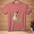 Snowman golfer with a melting body and a bucket on his head, playing golf.