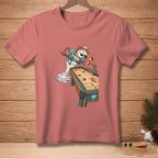 Snowman playing shuffleboard with text "LET IT RIDE" on a pink t-shirt.