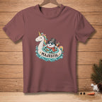 T-shirt with unicorn, snowman, and text "MAJESTIC."