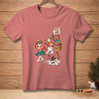 T-shirt graphic with melting snowmen wearing Hawaiian shirts and a parrot, with text "AND ONE, TWO, THREE... CHA-CHA".
