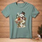 Melting snowman wearing a hat sits at a table with the word "Rude"