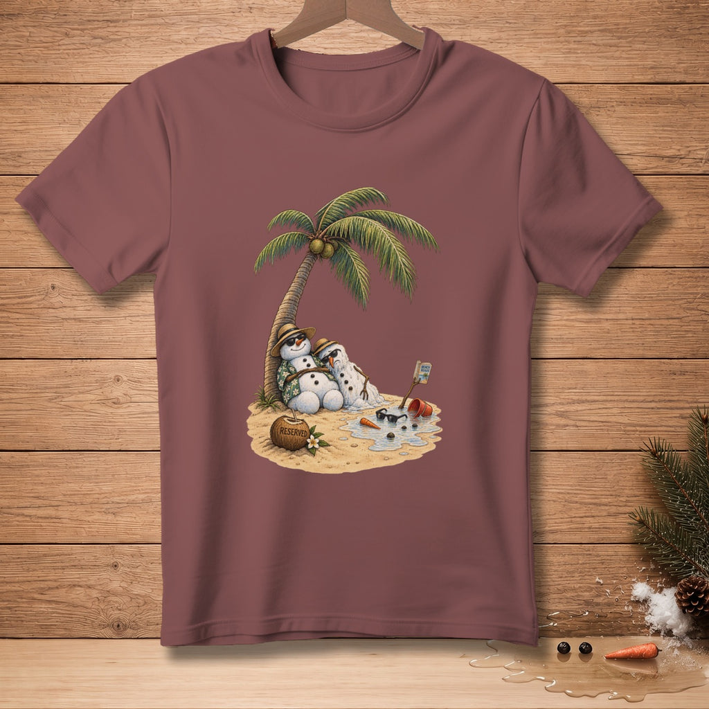 Melting snowmen relax under a palm tree on a beach with a "Reserved" coconut.