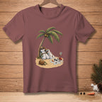 Melting snowmen relax under a palm tree on a beach with a "Reserved" coconut.