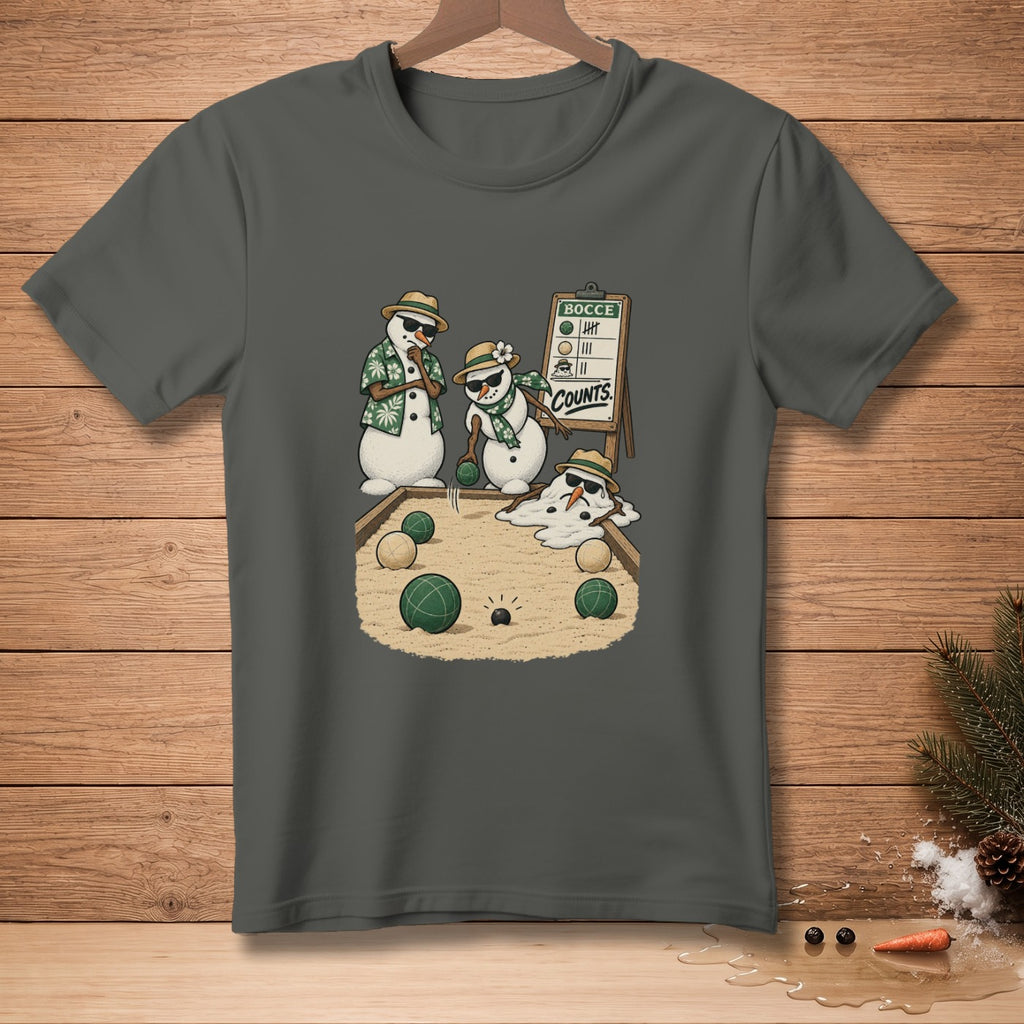 Snowmen playing bocce ball, with a scoreboard labeled "Bocce Counts".